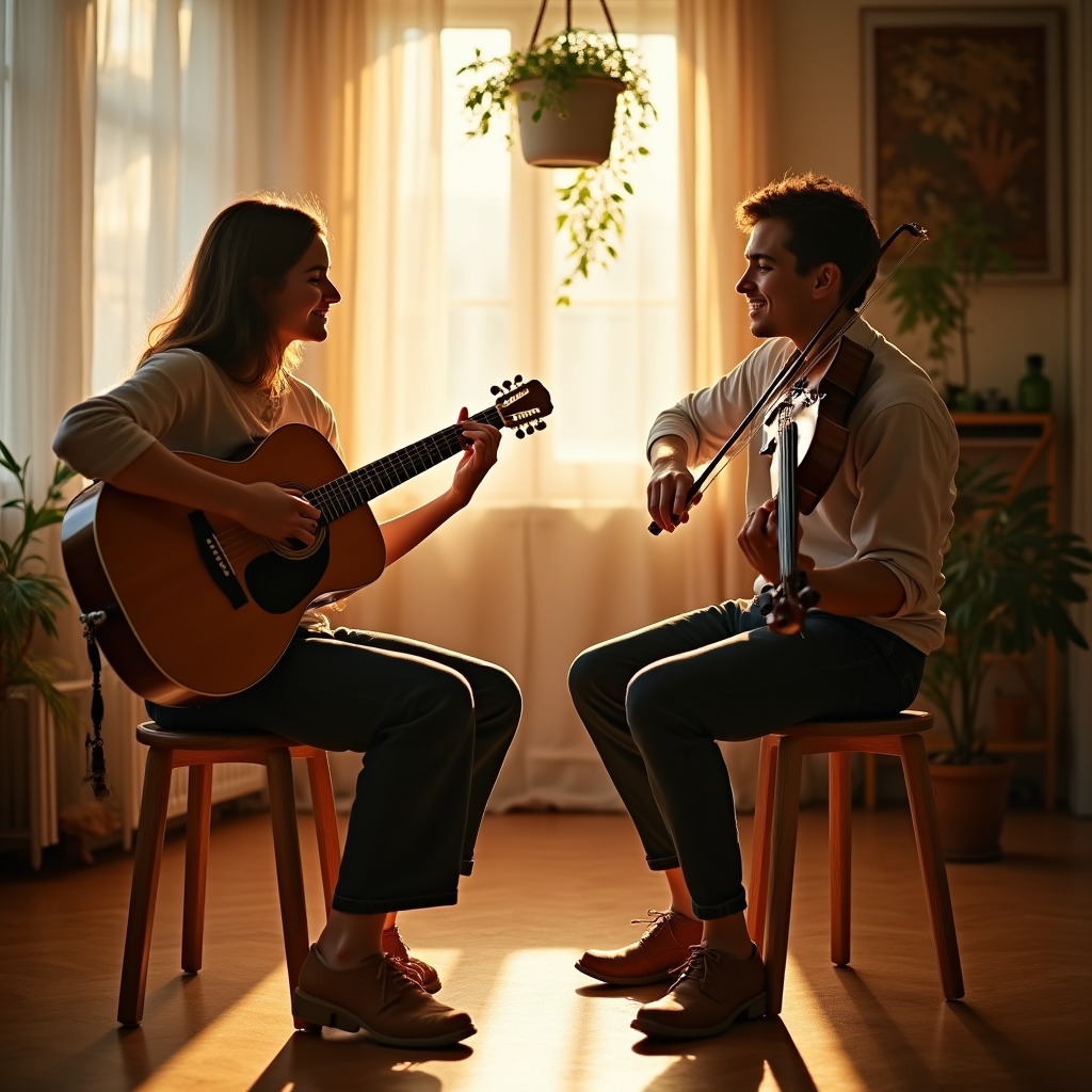 Akustikduo mit Gitarre und Geige während einer Aufnahme