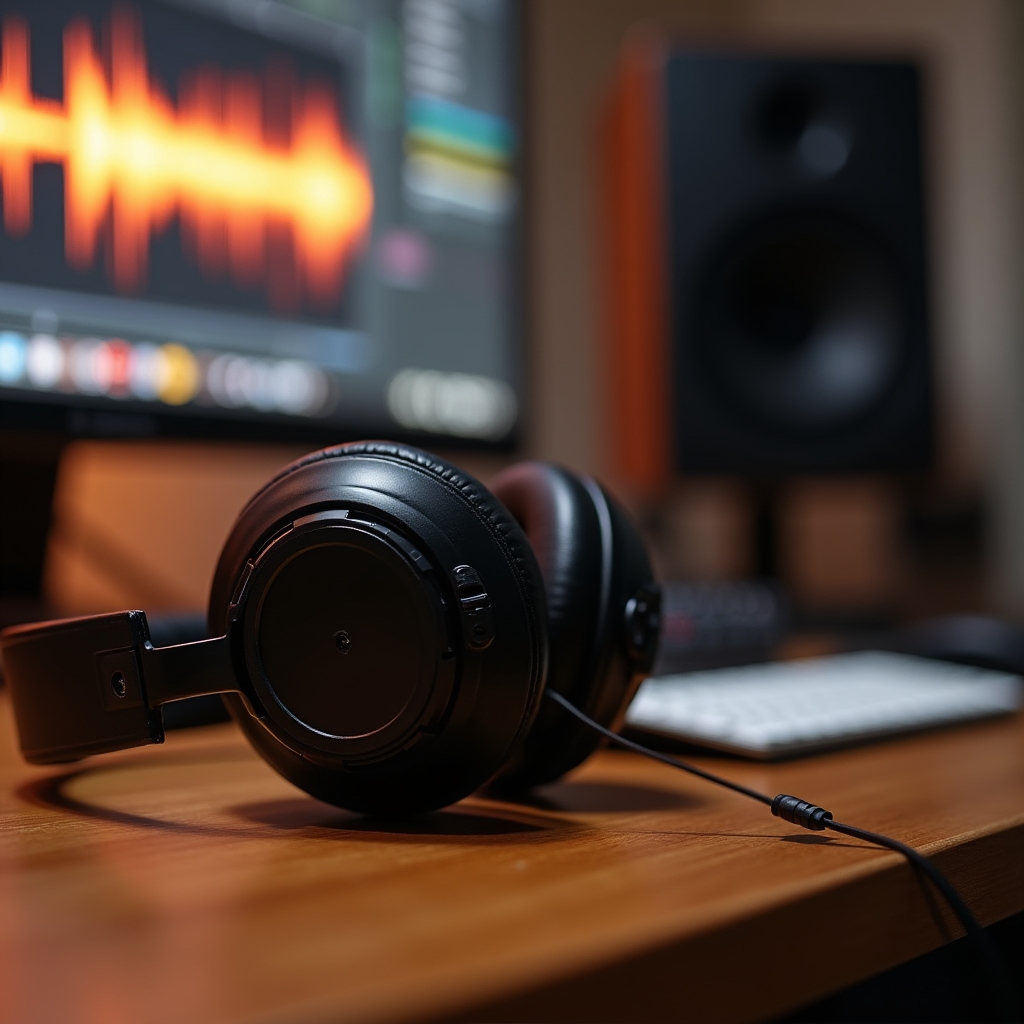 Kopfhörer liegen neben Bildschirm mit Audio-Wellenform