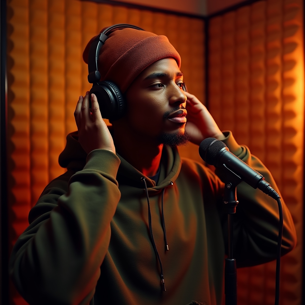 Junger Rap-Artist in der Vocal-Booth während der Aufnahme