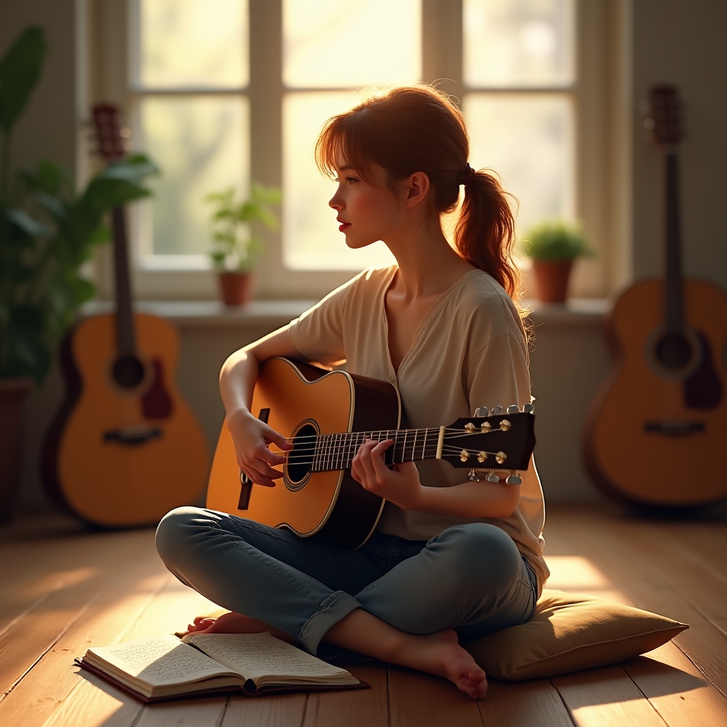 Songwriterin mit Notizbuch und Akustikgitarre