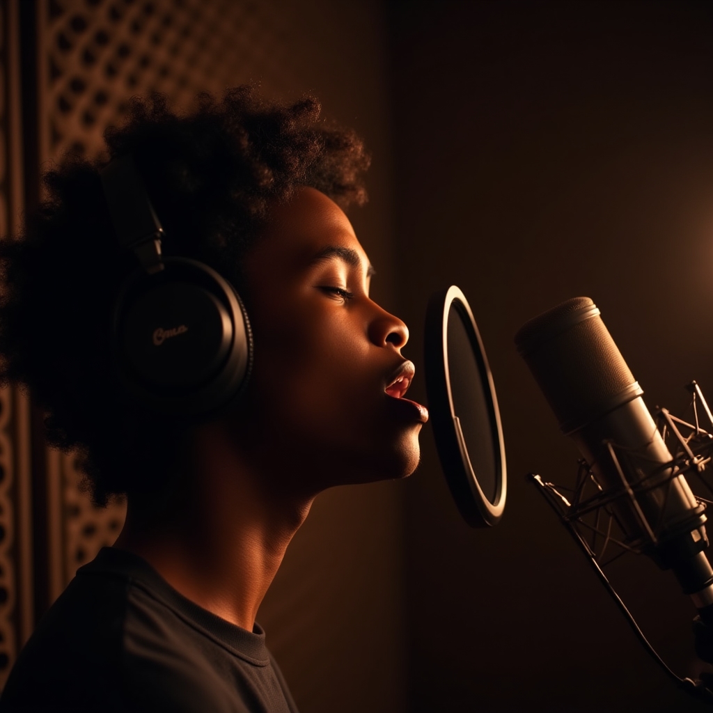 Sänger mit Kopfhörern in der Vocal-Booth